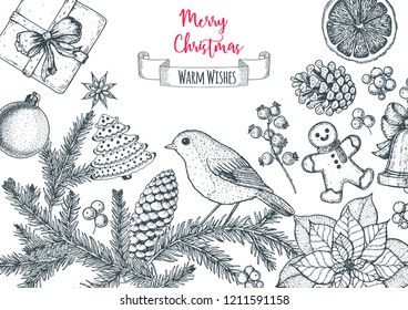 Christmas greeting card. Hand drawn sketch. Vector illustration. Christmas invitation design template. Sketch collection.