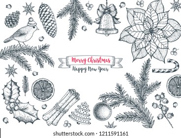 Christmas greeting card. Hand drawn sketch. Vector illustration. Christmas invitation design template. Sketch collection.