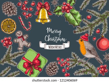 Christmas greeting card. Hand drawn illustration. Vector illustration. Christmas invitation design template. Design collection.