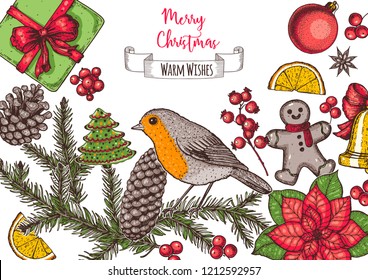 Christmas greeting card. Hand drawn illustration. Vector illustration. Christmas invitation design template. Design collection.