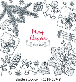 Christmas greeting card. Hand drawn sketch. Vector illustration. Christmas invitation design template. Sketch collection.