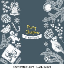 Christmas greeting card. Hand drawn sketch. Vector illustration. Christmas invitation design template. Sketch collection.