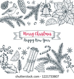 Christmas greeting card. Hand drawn sketch. Vector illustration. Christmas invitation design template. Sketch collection.