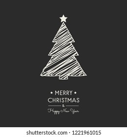 Christmas greeting card with hand drawn tree. Vector.