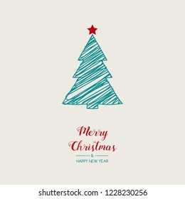 Christmas greeting card with hand drawn tree. Vector.