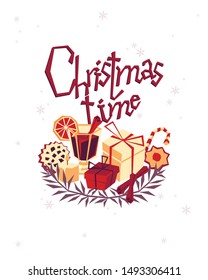 Christmas greeting card with hand drawn decorative elements and sighn. Trendy vintage style.