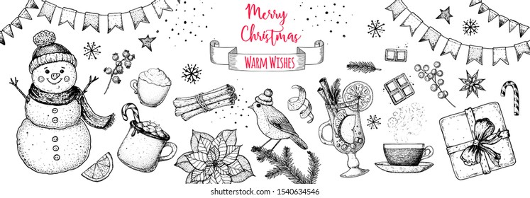 Christmas greeting card. Hand drawn sketch. Vector illustration. Christmas invitation design template. Sketch collection. Snowman, hot drinks, bird, gift box, holiday banner. New year holidays frame.