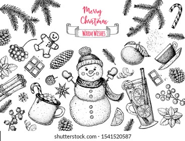 Christmas greeting card. Hand drawn sketch. Vector illustration. Christmas invitation design template. Sketch collection. Snowman, hot drinks, holiday banner. New year holidays frame. 