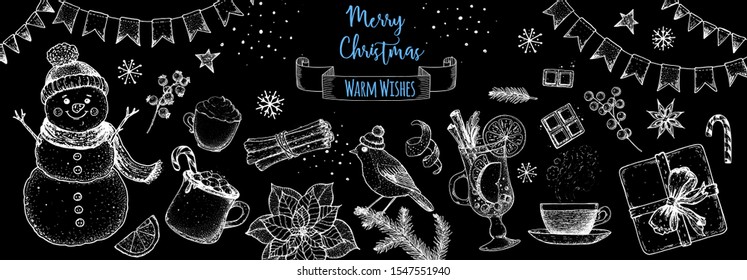 Christmas greeting card. Hand drawn sketch. Vector illustration. Christmas invitation design template. Sketch collection. Snowman, hot drinks, bird, gift box, holiday banner. New year holidays frame.