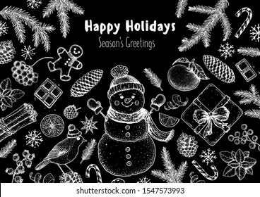 Christmas greeting card. Hand drawn sketch. Vector illustration. Christmas invitation design template. Sketch collection. Snowman, bird, gift box, holiday banner 