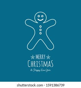 Christmas greeting card with hand drawn gingerbread cookie. Vector.
