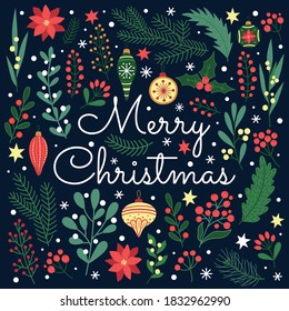 Christmas greeting card with hand drawn decoration elements. Vector template.