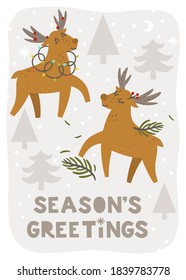 Christmas greeting card with hand drawn Reindeer characters, fir tree, garland, decorative snowflakes, and wording Season's Greetings. Vector illustration. Template for congratulations.