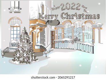 Christmas greeting card. Hand drawn vector Illustration of the snowy street decorated with a Christmas tree. Shiny Vector luxury text 2022 from jewels. Diamond Festive Numbers Design. 