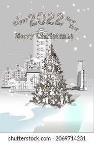 Christmas greeting card. Hand drawn vector Illustration of the snowy street decorated with a Christmas tree. Shiny Vector luxury text 2022 from jewels. Diamond Festive Numbers Design. 