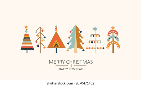 Christmas greeting card with hand drawn christmas trees with toys in Scandinavian style. Xmas isolated cozy decor elements. Template for invitation,wishing,design.Vector illustration.