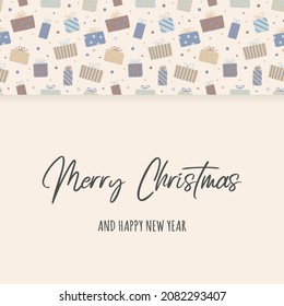 Christmas greeting card with hand drawn gift boxes. Vector