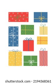 Christmas greeting card with hand drawn colorful gift boxes. Template for poster, banner, invitation. Vector illustration