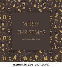 Christmas greeting card with hand drawn decorations and wishes. Vector