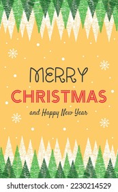 Christmas greeting card with hand drawn trees. Vector illustration