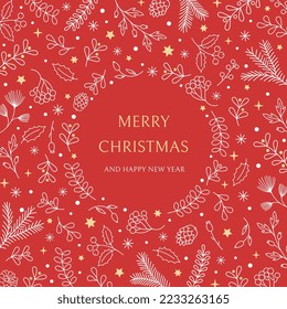 Christmas greeting card with hand drawn decorative elements, holly, snowflakes, mistletoe. Modern vector cute flat illustration.