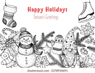 Christmas greeting card. Hand drawn sketch. Vector illustration. Christmas invitation design template. Winter season. Sketch collection. Snowmen, gnome, gift box, holiday banner.