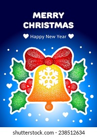 christmas greeting card. hand drawn bell with holly on blue background.