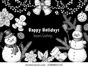 Christmas greeting card. Hand drawn sketch. Vector illustration. Christmas invitation design template. Sketch collection. Snowmen, bird, gift box, holiday banner