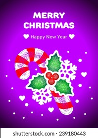 christmas greeting card. hand drawn candy cane with snowflake on purple background