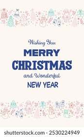 Christmas greeting card with hand drawn characters and ornaments. Vector illustration
