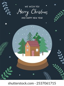 Christmas greeting card. A hand drawn house in a glass ball. Vector illustration in a flat style