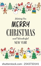 Christmas greeting card with hand drawn characters and ornaments. Vector illustration