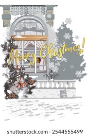 Christmas greeting card. Hand drawn vector Illustration of the snowy cafe entrance decorated with a New Year's garland.