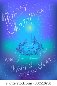 Christmas greeting card with hand drawn abstract burning candle and Christmas wreath with balls and ribbon on blue-purple mesh background with shining stars. Text written by hand.