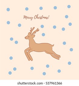 Christmas greeting card with hand drawn deer and snowflakes. Vector clip art with drawing reindeer can be used for design and New Year decoration, winter holiday postcards, posters and t-shirt print