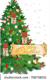 Christmas greeting card. Hand drawn vector Illustration of the Christmas tree decorated with a New Year's garland.