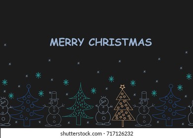Christmas greeting card. Hand drawn holiday background with Santa Claus, Snowman, Fir trees, Snowflakes, Deers. Text MERRY CHRISTMAS.