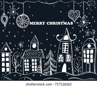 Christmas greeting card. Hand drawn holiday illustration.Text MERRY CHRISTMAS.