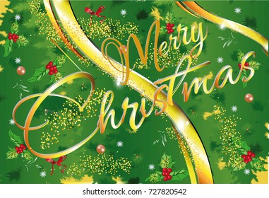 Christmas greeting card. Hand drawn vector Illustration of the Christmas tree background decorated with a New Year's garland.