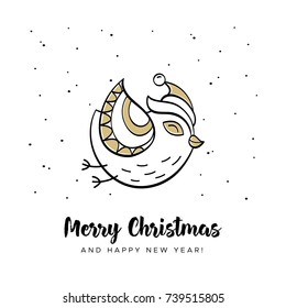 Christmas greeting card. Hand drawn bird in the Santa hat. Vector illustration in cartoon style