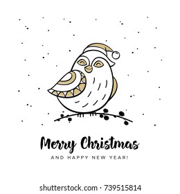 Christmas greeting card. Hand drawn bird in the Santa hat. Vector illustration in cartoon style