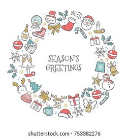 Christmas greeting card. Hand drawn isolated elements creating a circle around "Season's Greetings" text. 