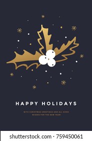 Christmas greeting card with hand drawn holly berry and golden snowflakes. Symbol of Merry Christmas and Happy New Year. Vector illustration.