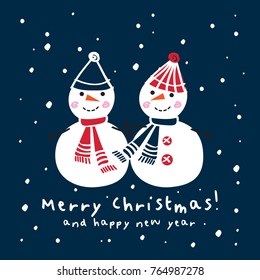 Christmas Greeting Card with hand drawn cute snowmen. Happy New Year 2018. Doodles, sketch for your design. Vector illustration.