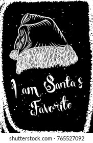 Christmas greeting card, hand drawn holidays lettering on a winter snow background concept. Vector. Santa hat