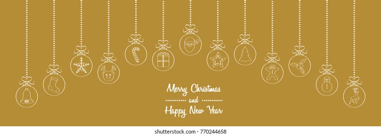 Christmas greeting card with hand drawn ornaments. Vector.