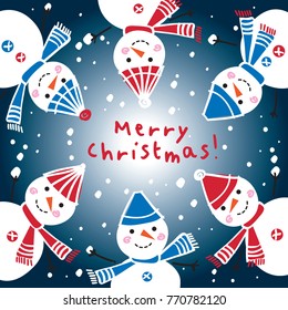 Christmas Greeting Card with hand drawn cute snowmen. Happy New Year 2018. Dark background. Doodles, sketch for your design. Vector.