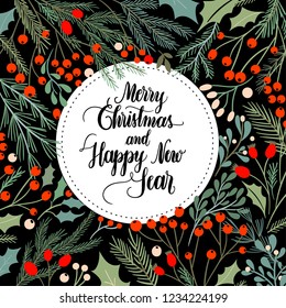  Christmas greeting card with hand lettering and seasonal plants