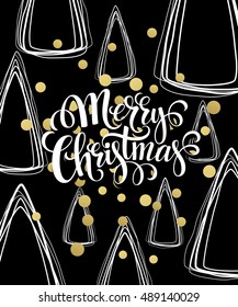 Christmas Greeting Card with handdrawn lettering. Golden, black and white colors. Trend design element for xmas decorations and posters. Vector illustration EPS10
