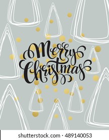 Christmas Greeting Card with handdrawn lettering. Golden, black and white colors. Trend design element for xmas decorations and posters. Vector illustration EPS10